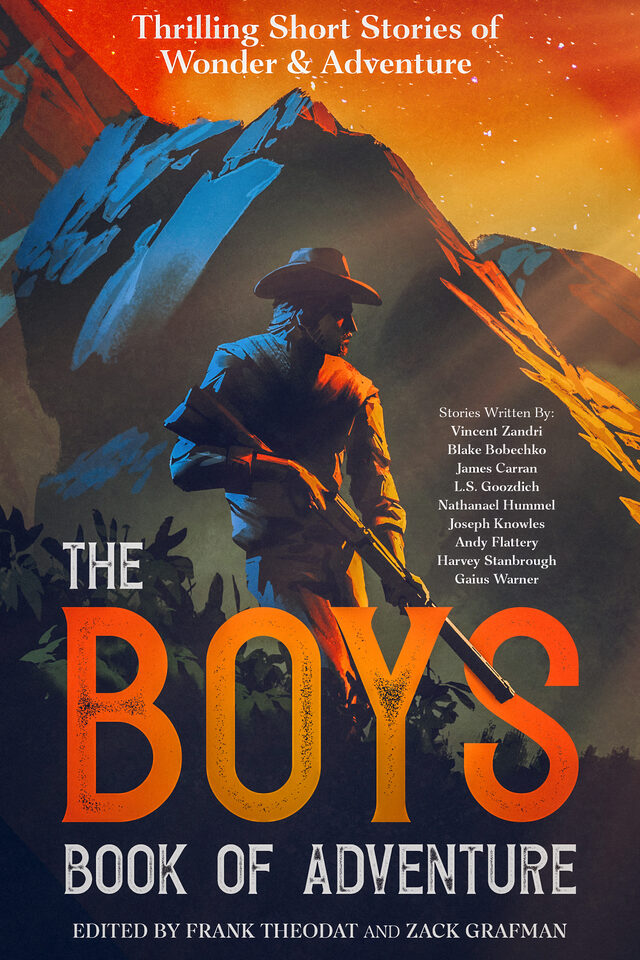 Cover of The Boys Book of Adventure: a rifleman below a mountain peak at sunset, under the line Thrilling Short Stories of Wonder and Adventure.